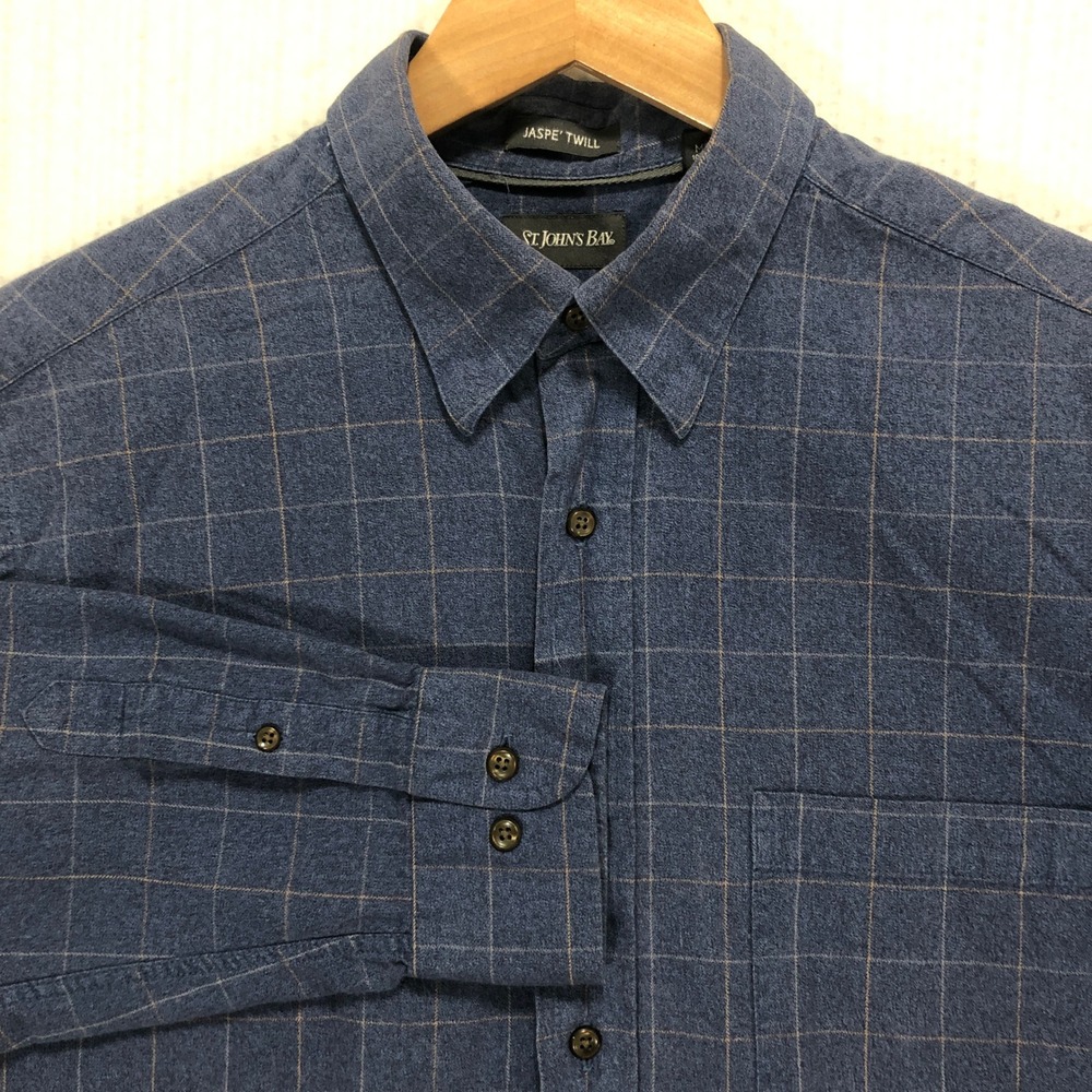 St. Johns Bay Mens Medium Blue Jaspe Twill Windowpane Plaid Button Down Shirt